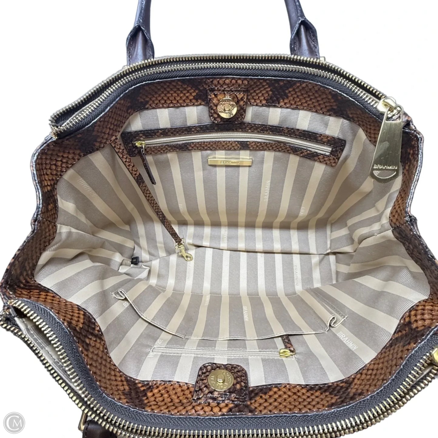 Snake Print Leather Satchel Designer By Brahmin, Size: Large