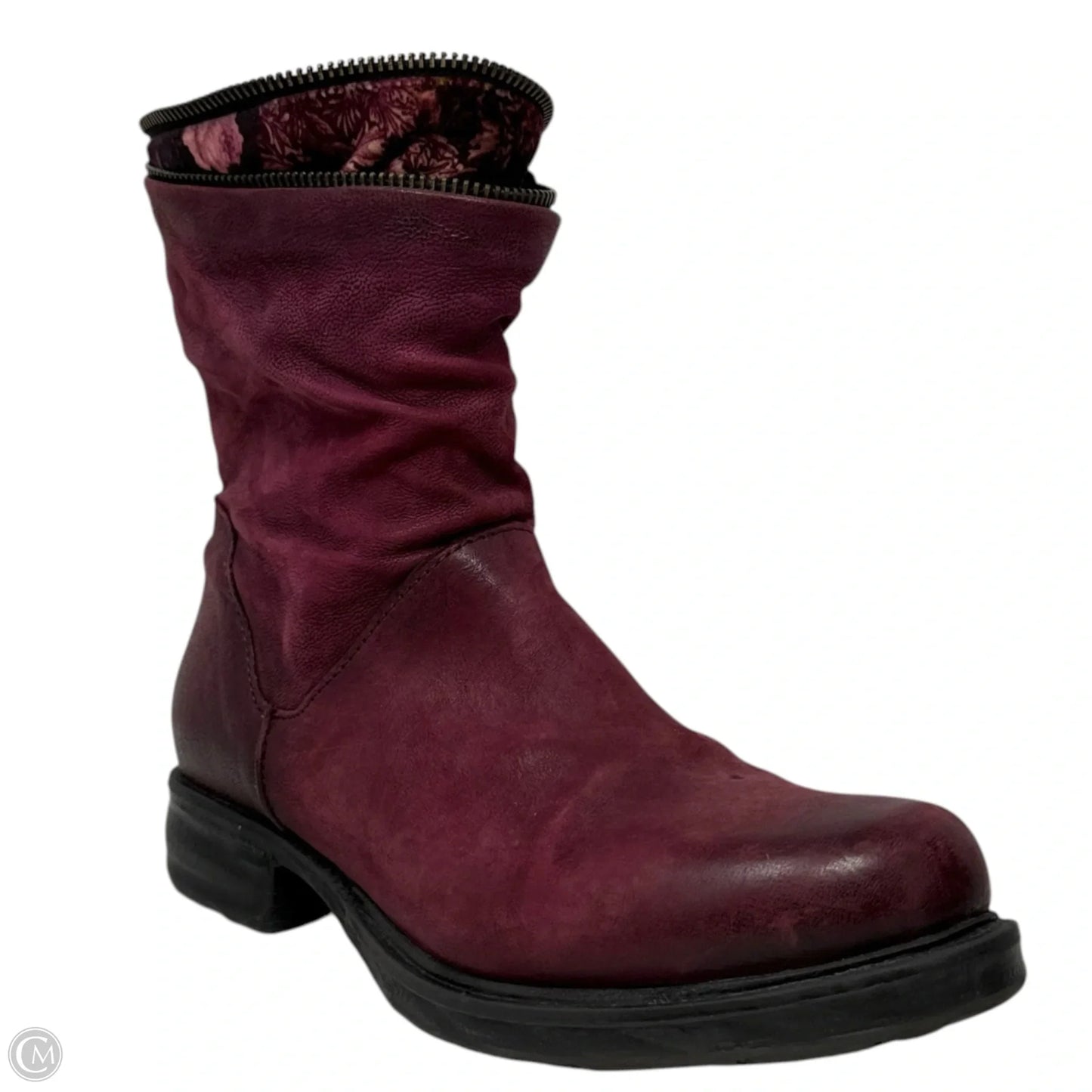 Handcrafted Leather & Velvet Trim Biker Boots By A.S. 98 In Maroon, Size: 8.5