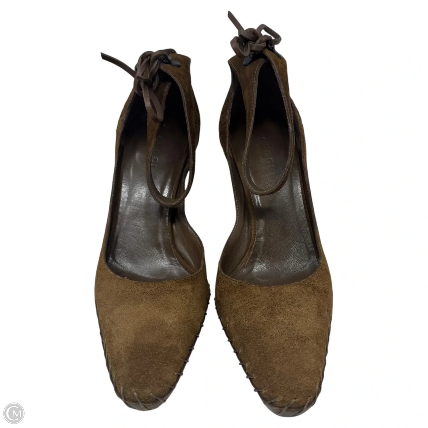 Suede Whipstitch D’Orsay Stiletto Pumps Luxury Designer By Gucci In Brown, Size: 8.5