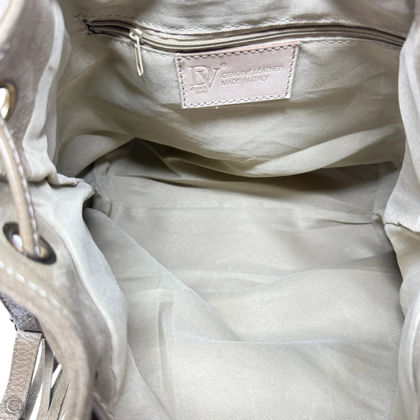 Italian Suede & Leather Fringed Drawstring Bucket Bag TR-251 In Cappuccino By Divas Bag, Size: Small