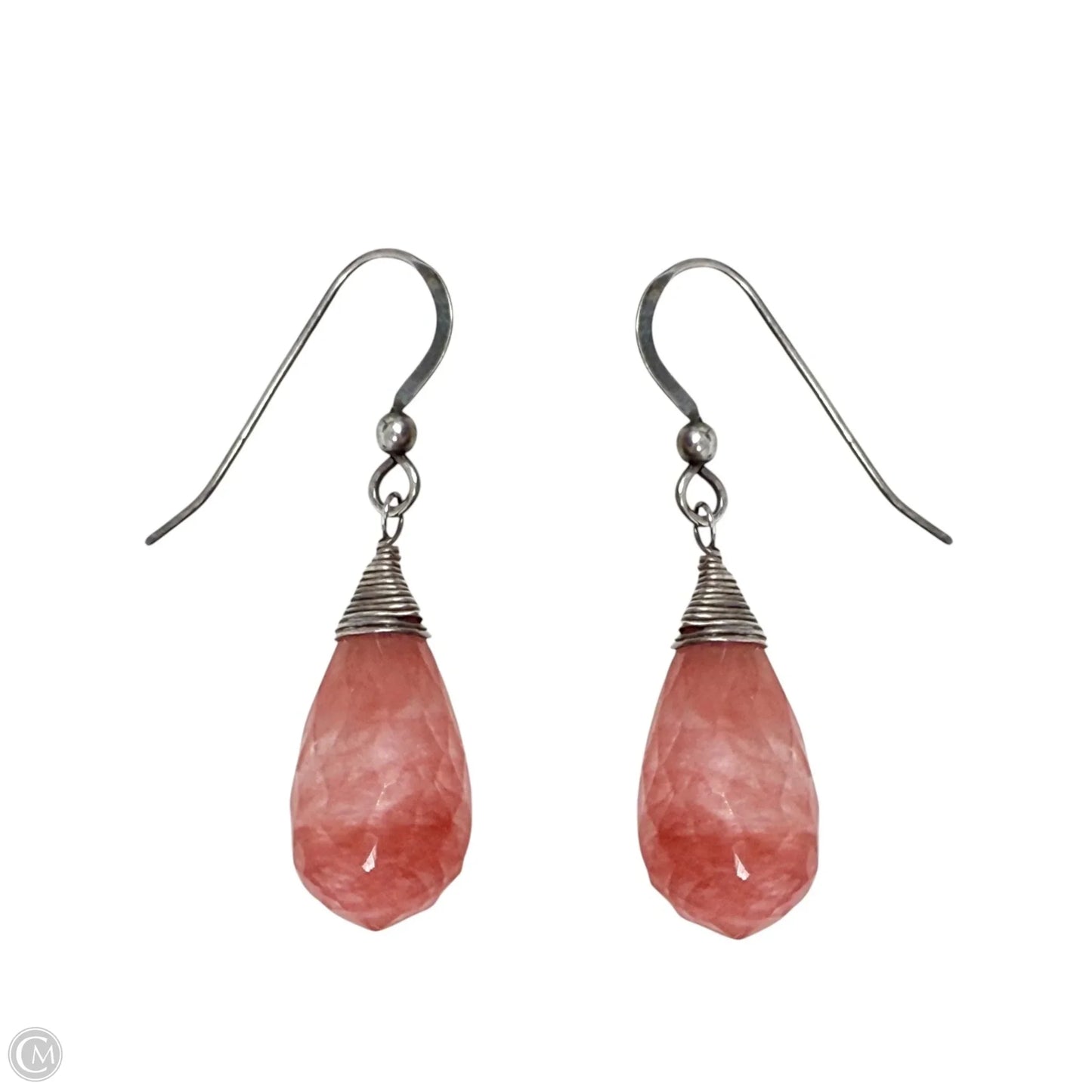 Wire Wrapped Faceted Cherry Quartz Teardrop Dangle Earrings With Sterling Silver Hooks