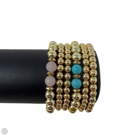 5 Strand Beaded Stretch Bracelet Set With Rose Quartz Tone & Turquoise Tone Beads
