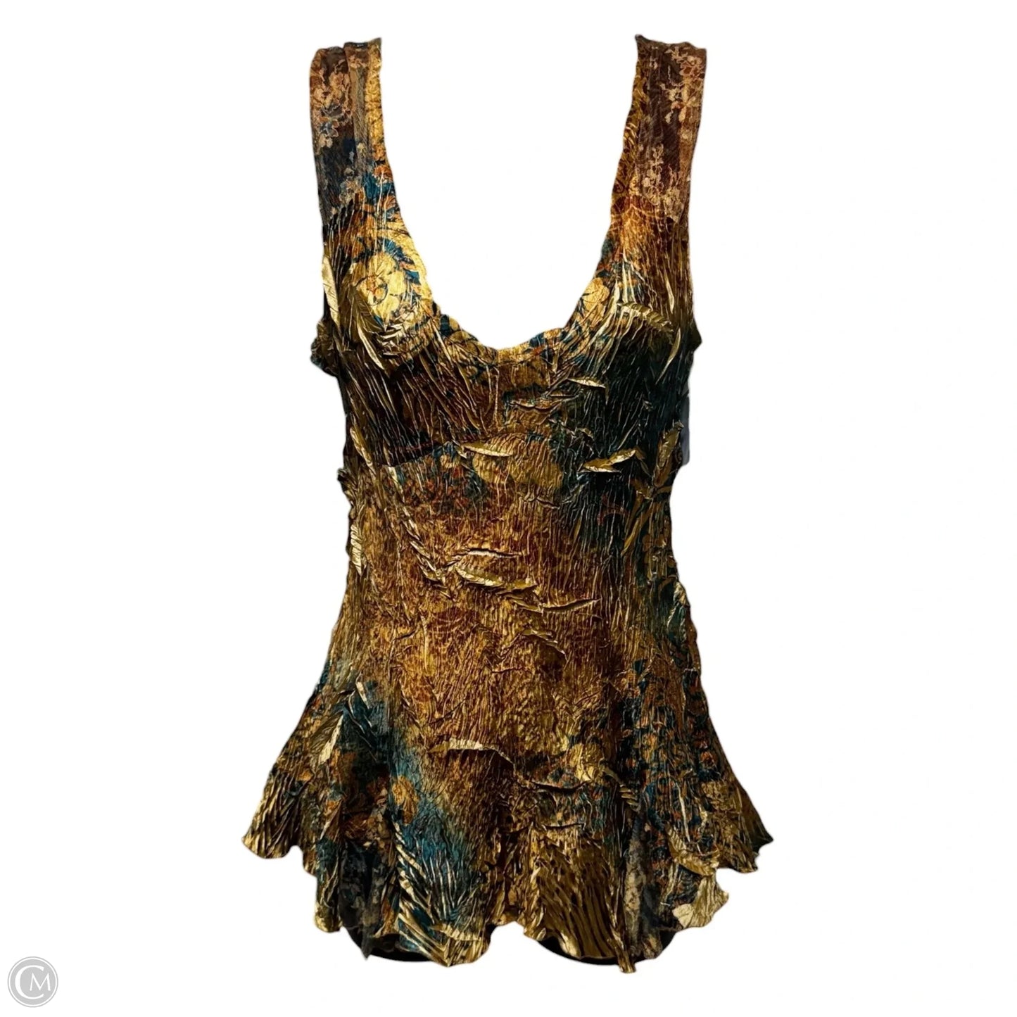 Crinkle Evening Tank & Trouser Set 2pc By Komarov In Gold & Green, Size: S
