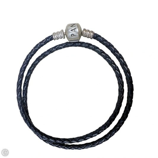 Sterling Silver & Braided Leather Double Bracelet with Barrel Clasp In Navy By Pandora