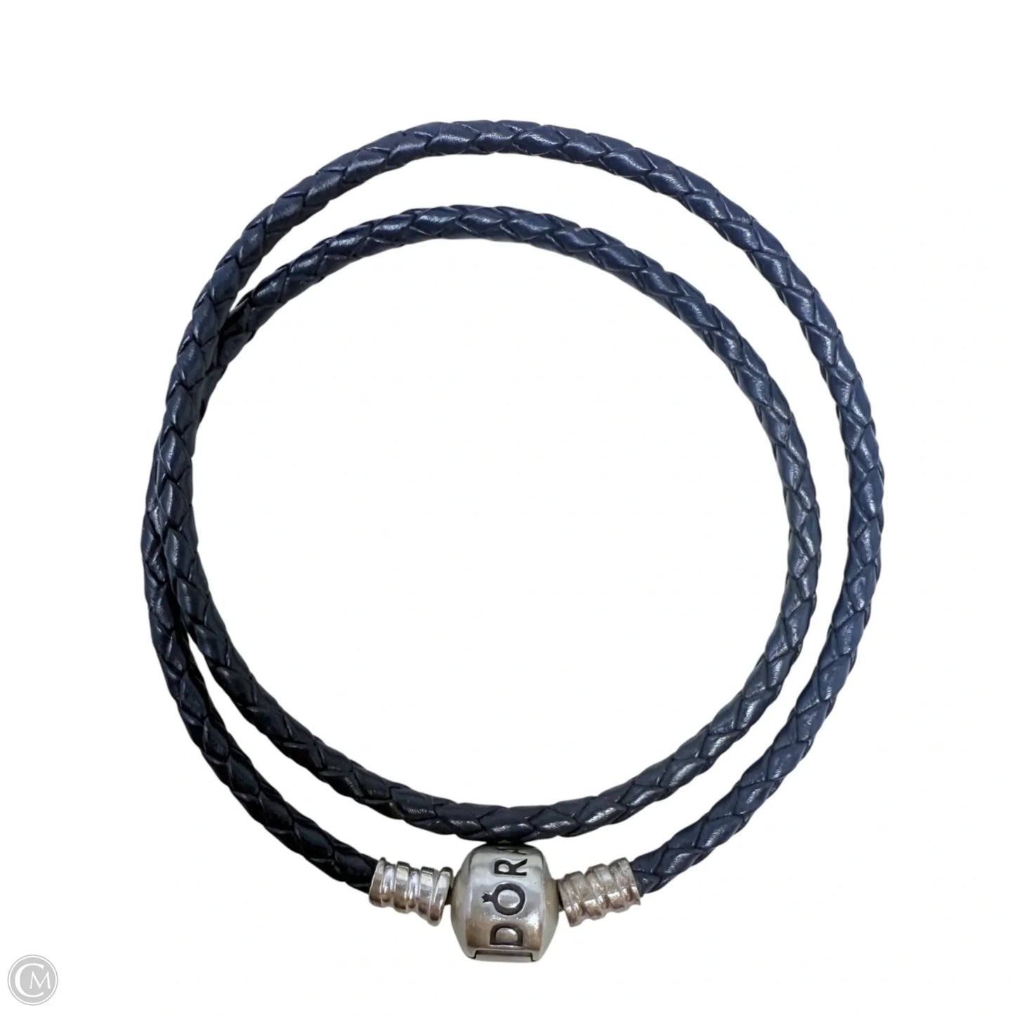 Sterling Silver & Braided Leather Double Bracelet with Barrel Clasp In Navy By Pandora