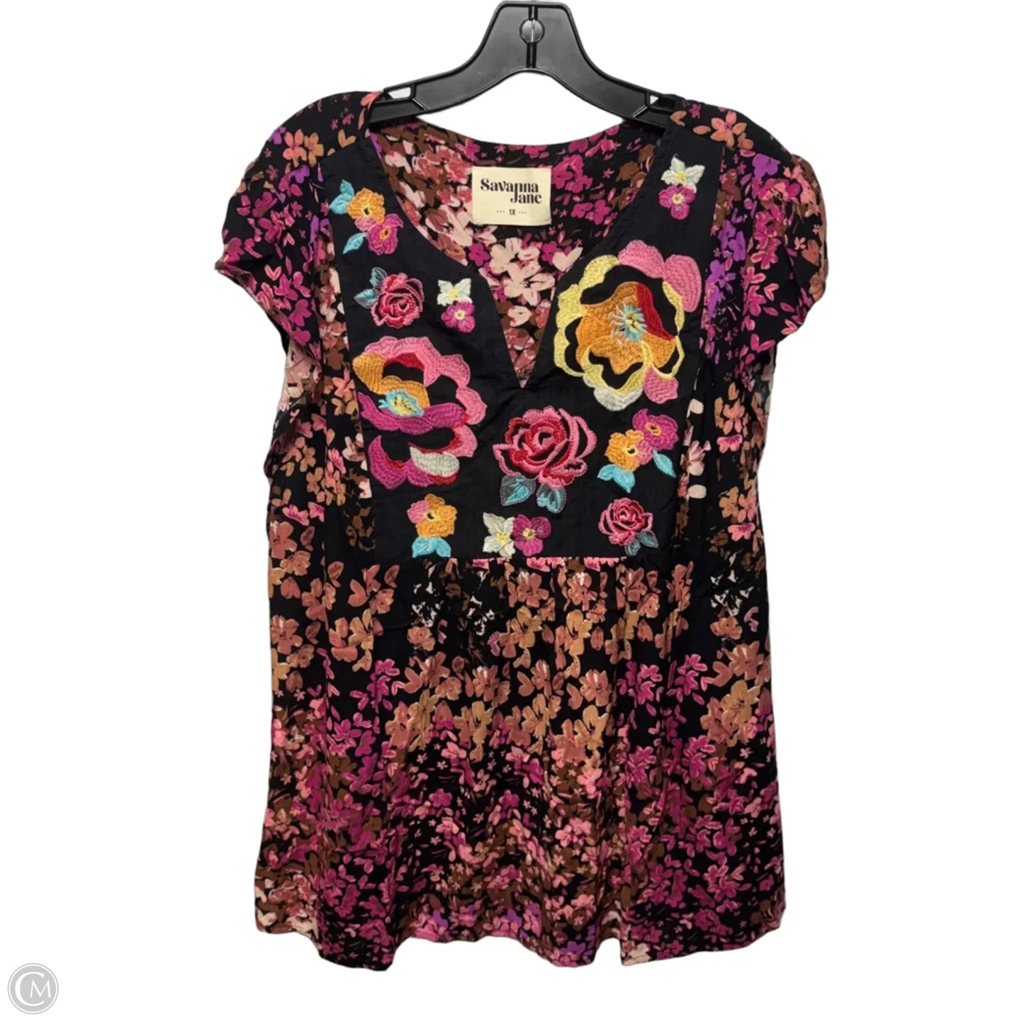 Top Short Sleeve By Savanna Jane In Floral Print, Size: 1x