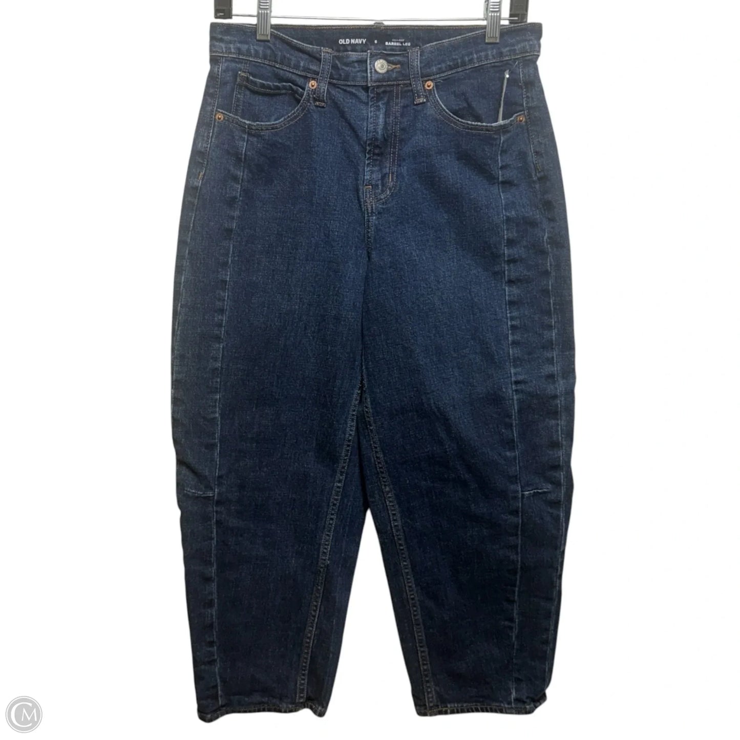 High Rise Barrel Leg Jeans By Old Navy In Dark Blue Wash Denim, Size: 6