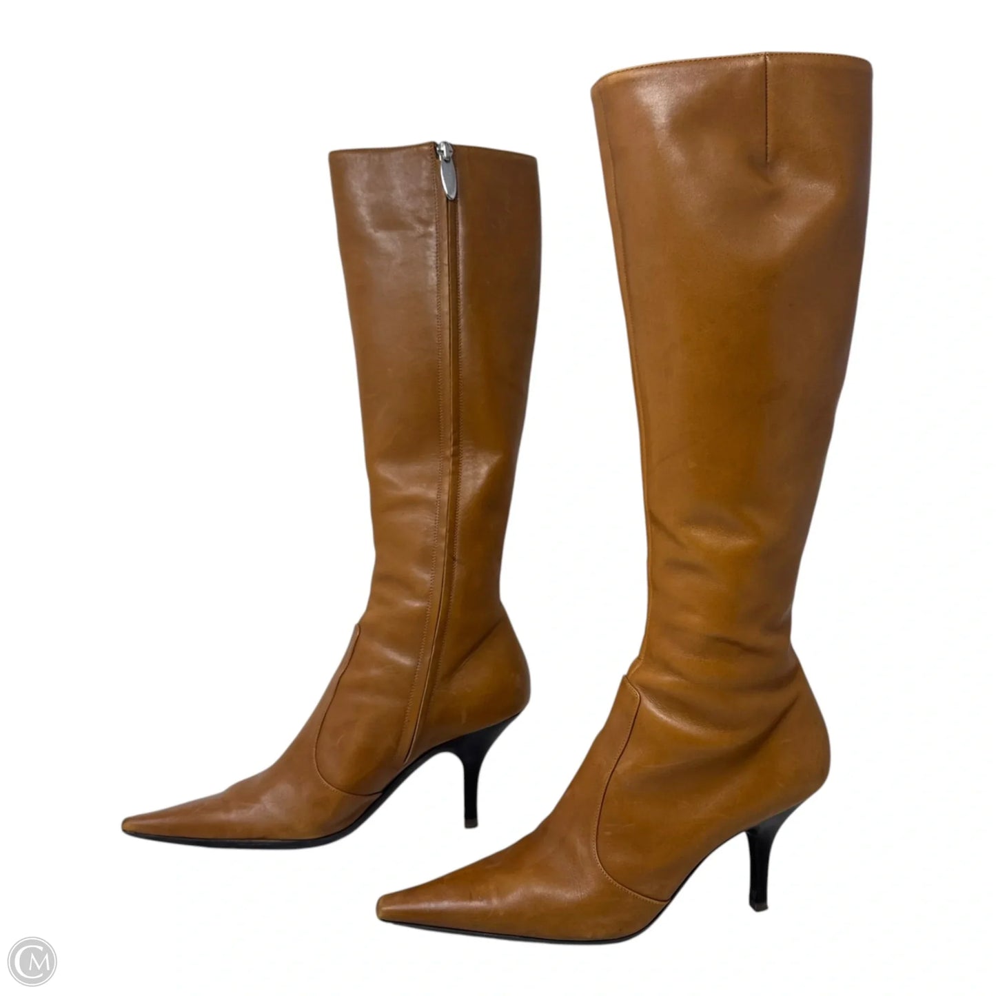 Leather Knee High Heel Boots Designer By Sergio Rossi In Tan, Size: 7