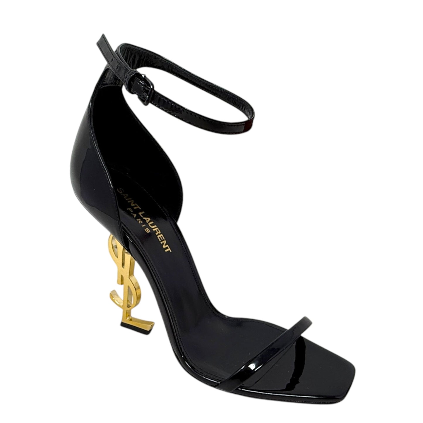 Opyum 110 Cassandre Heel Sandals Luxury Designer By Yves Saint Laurent In Black & Gold, Size: US 8/IT 38