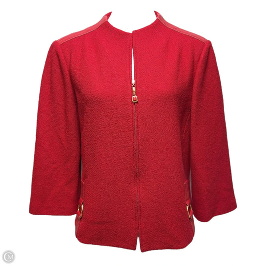 Leather Trim Knit Blazer Luxury Designer By St John Collection In Red, Size: 12