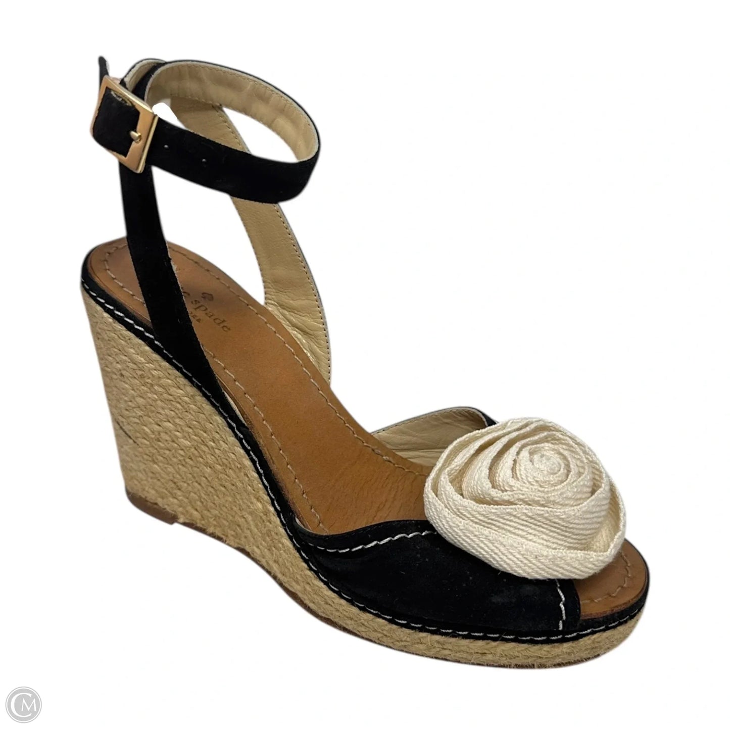 Rosette Espadrille Wedge Shoes Designer By Kate Spade In Black & Cream, Size: 8