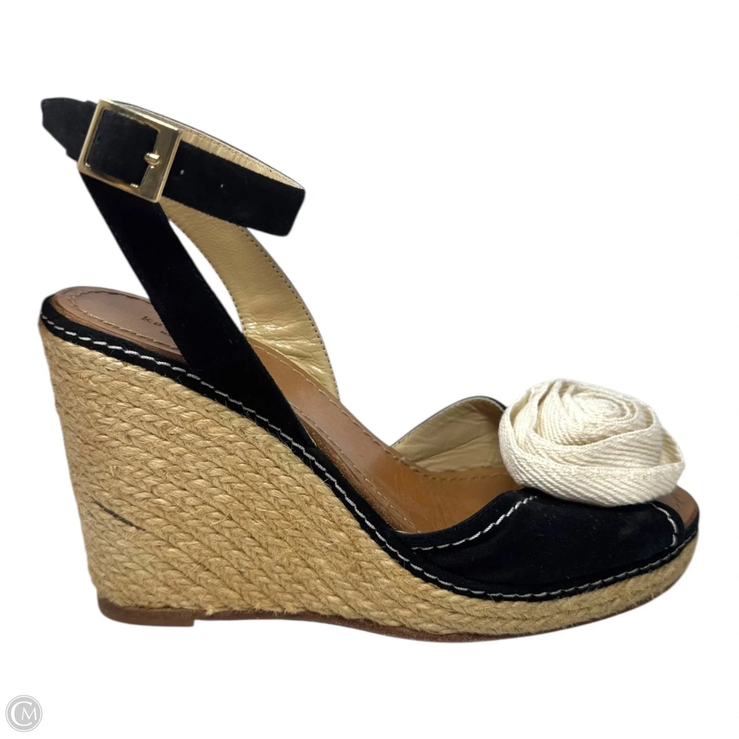 Rosette Espadrille Wedge Shoes Designer By Kate Spade In Black & Cream, Size: 8