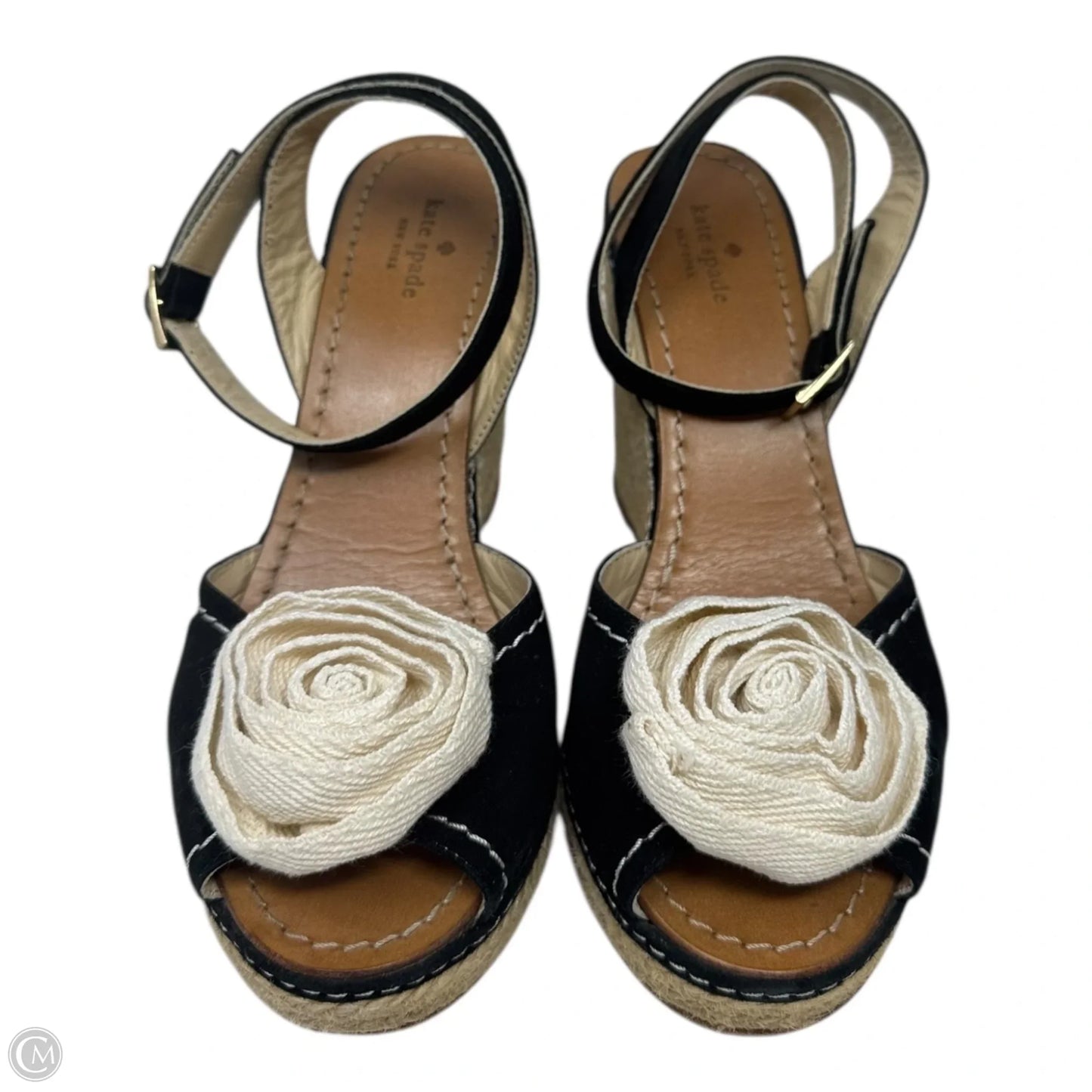 Rosette Espadrille Wedge Shoes Designer By Kate Spade In Black & Cream, Size: 8