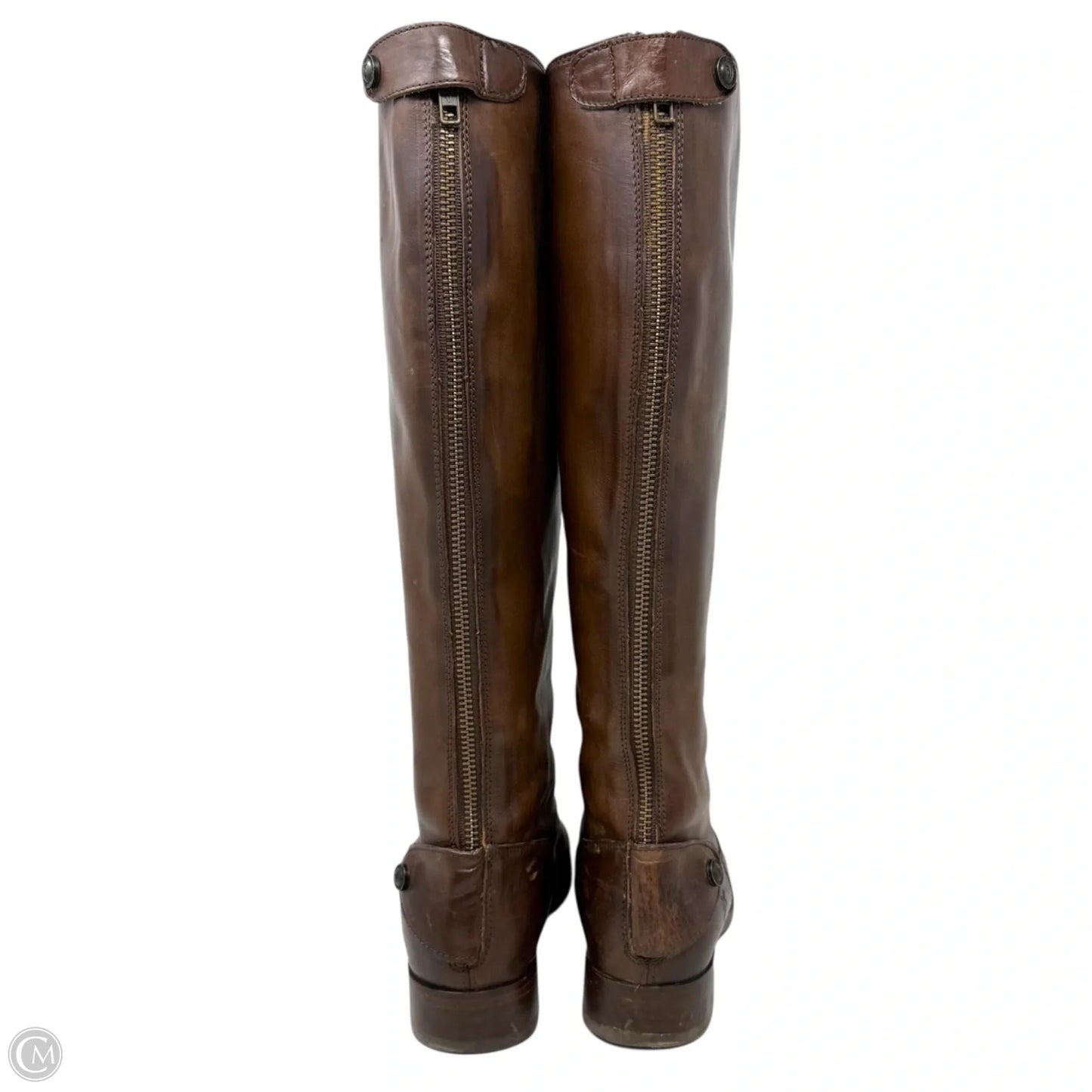 Melissa Button Back Zip Tall Riding Brown Boots Designer By Frye In Cognac, Size: 7