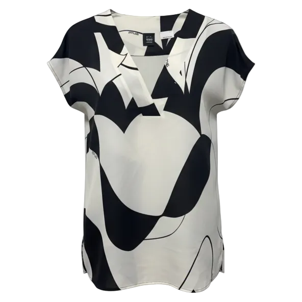 Doga V-Neck Top By Art365 by Marella In Black & Cream Abstract Print Satin, Size: 8