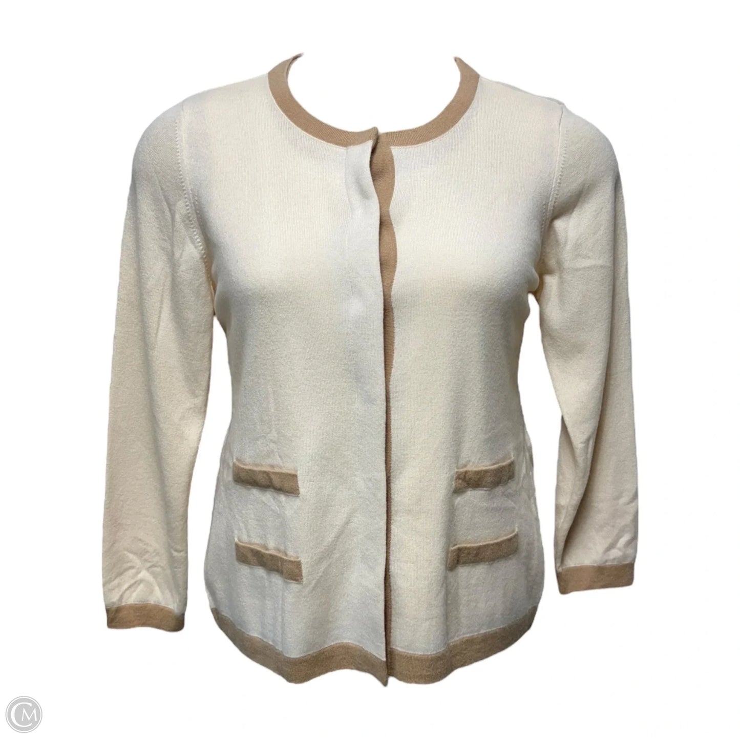Cashmere Sweater Cardigan Two Piece Set Designer By Escada In Cream, Size: 10