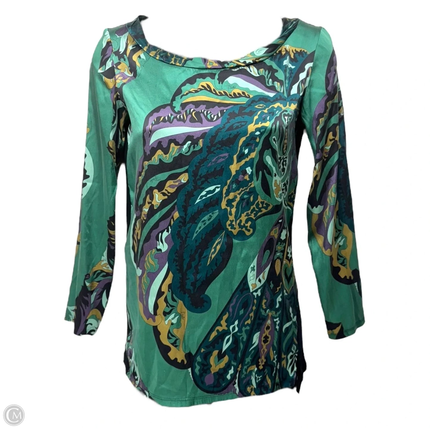 Multi-Color Silk Bateau Neck Tunic Blouse Luxury Designer By Emilio Pucci In Abstract Print, Size: 4