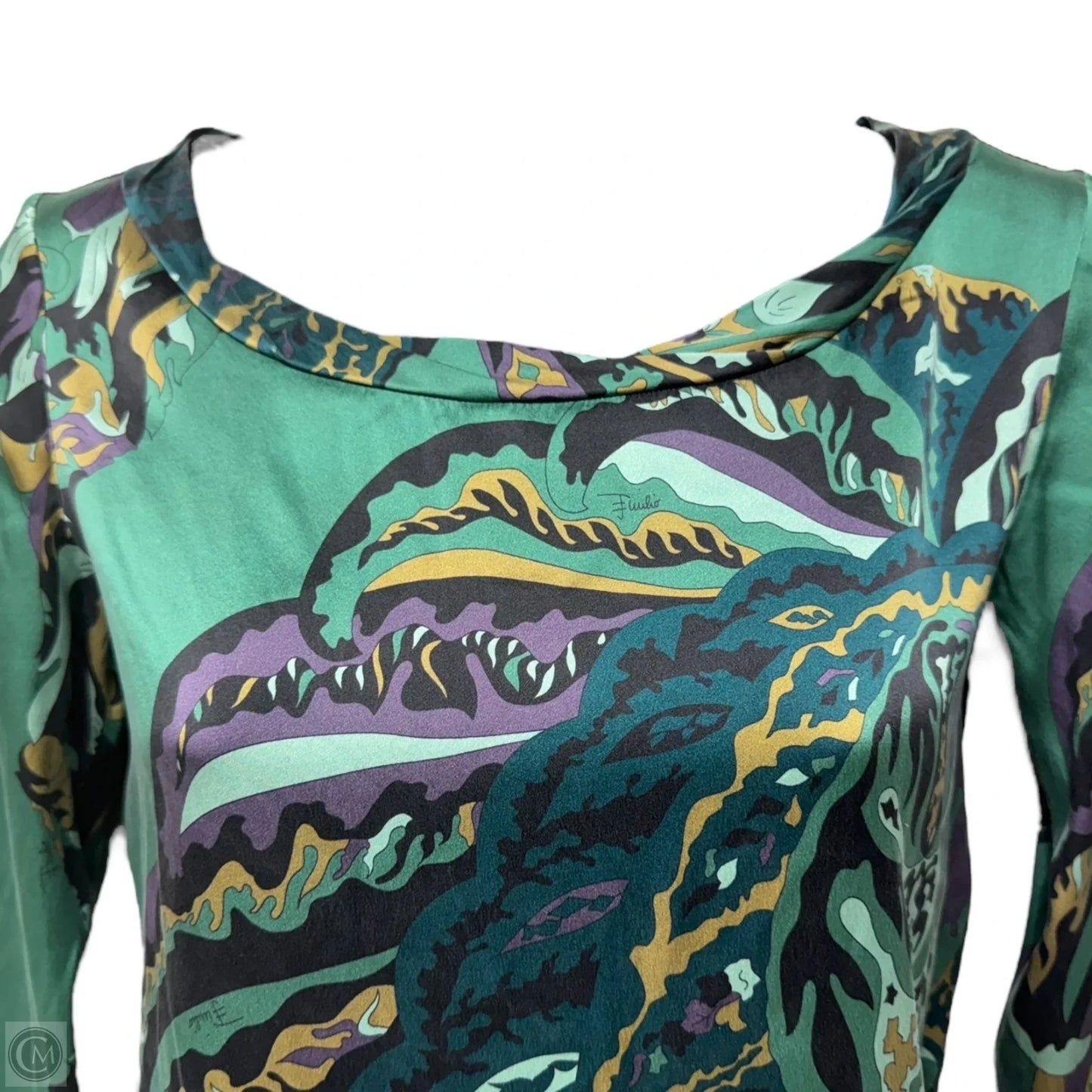 Multi-Color Silk Bateau Neck Tunic Blouse Luxury Designer By Emilio Pucci In Abstract Print, Size: 4