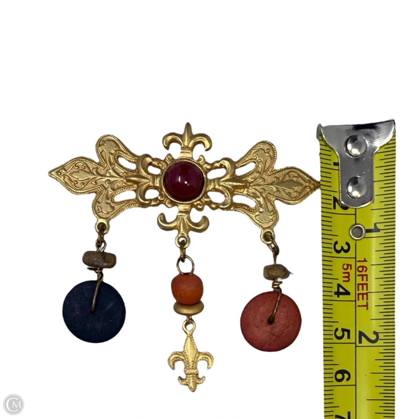 Victorian Revival Fleur-de-lis Gold Tone Wood Drop Brooch Pin