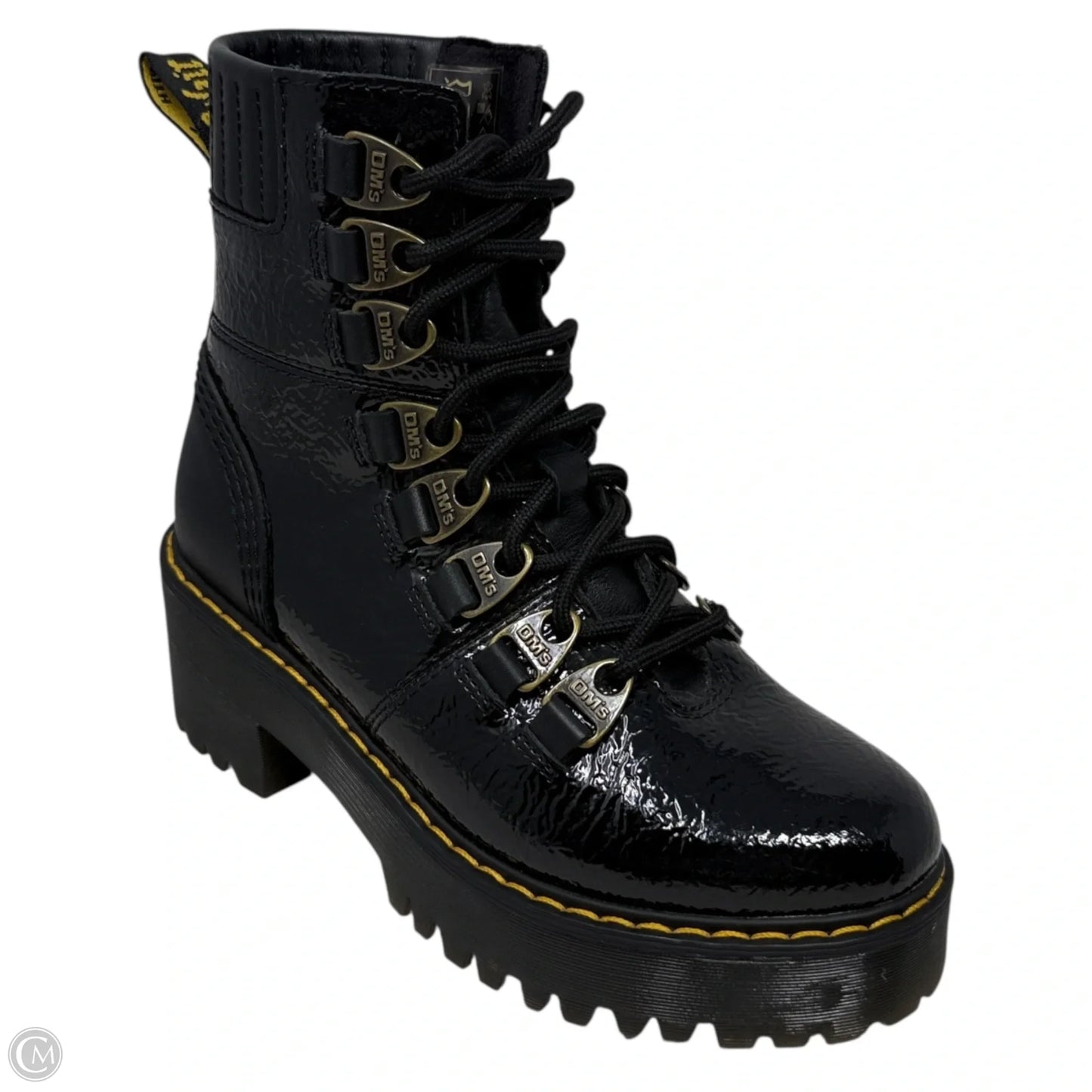 Laurenne Distressed Patent Leather Lace Up Heel Boots By Dr Martens In Black, Size: 5