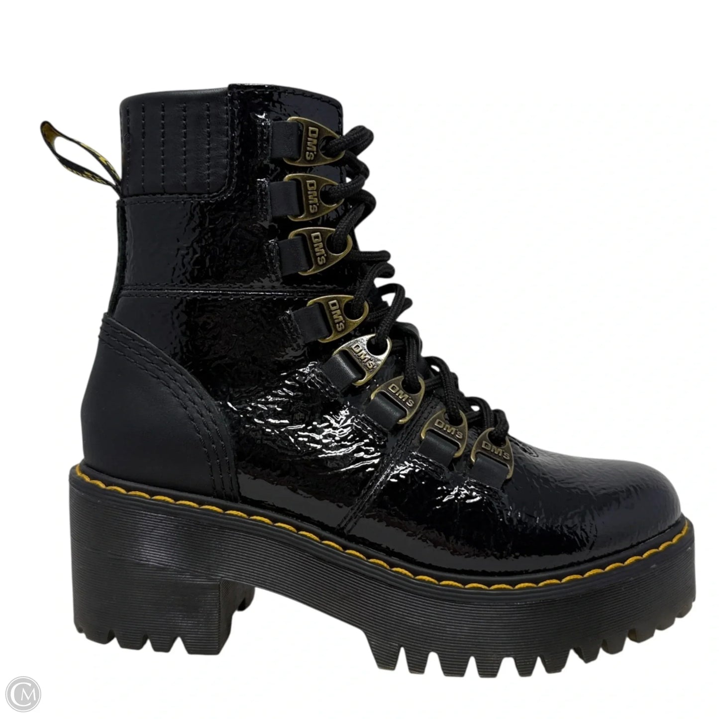 Laurenne Distressed Patent Leather Lace Up Heel Boots By Dr Martens In Black, Size: 5