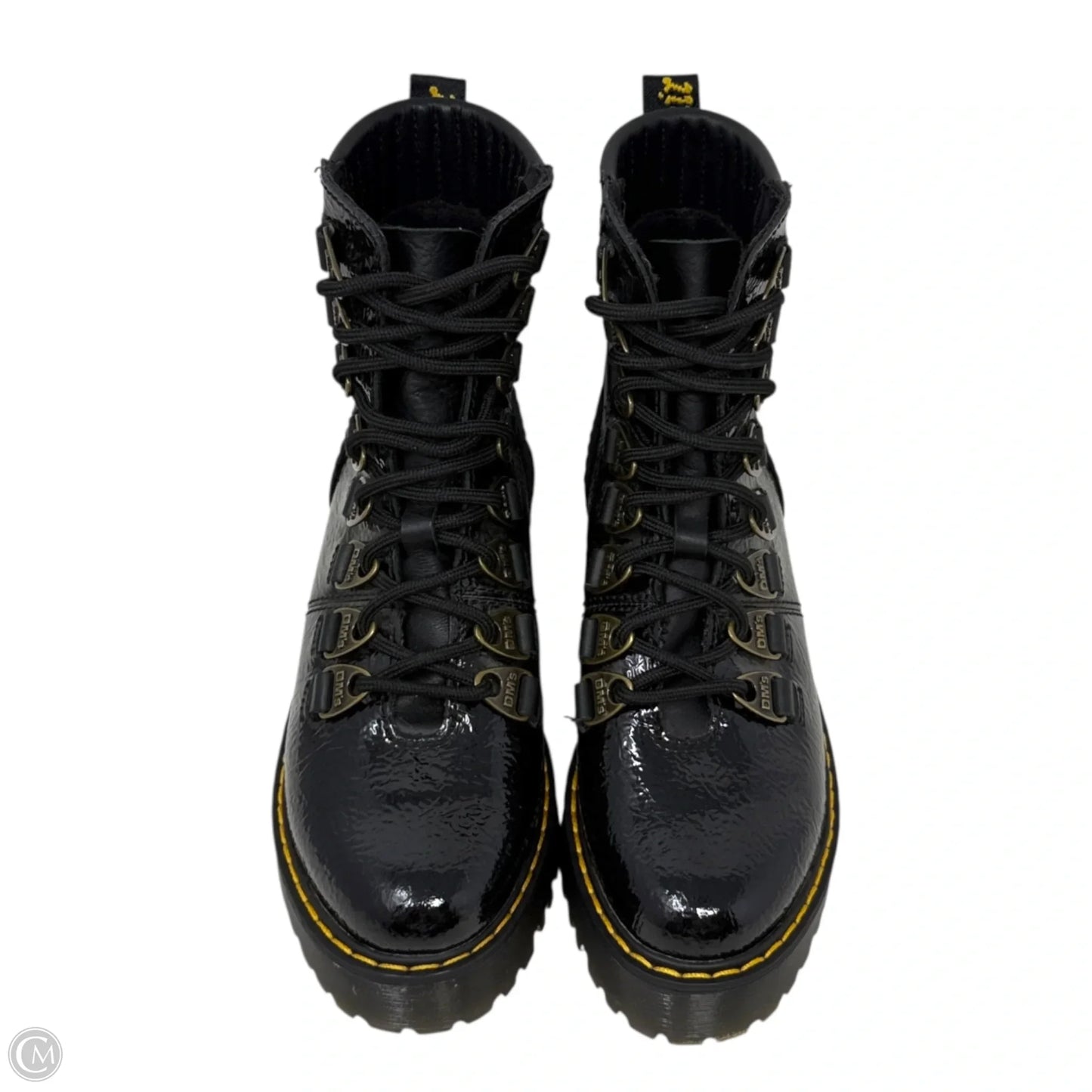 Laurenne Distressed Patent Leather Lace Up Heel Boots By Dr Martens In Black, Size: 5