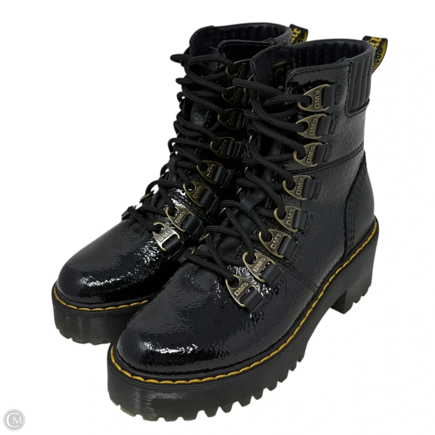 Laurenne Distressed Patent Leather Lace Up Heel Boots By Dr Martens In Black, Size: 5
