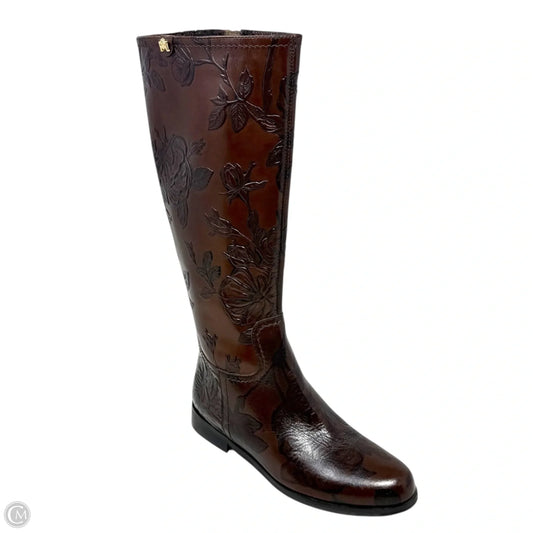 Mimi Collection Floral Embossed Italian Leather Boots By Cuoieria Fiorentina In Brown, Size: US 5.5/IT 36