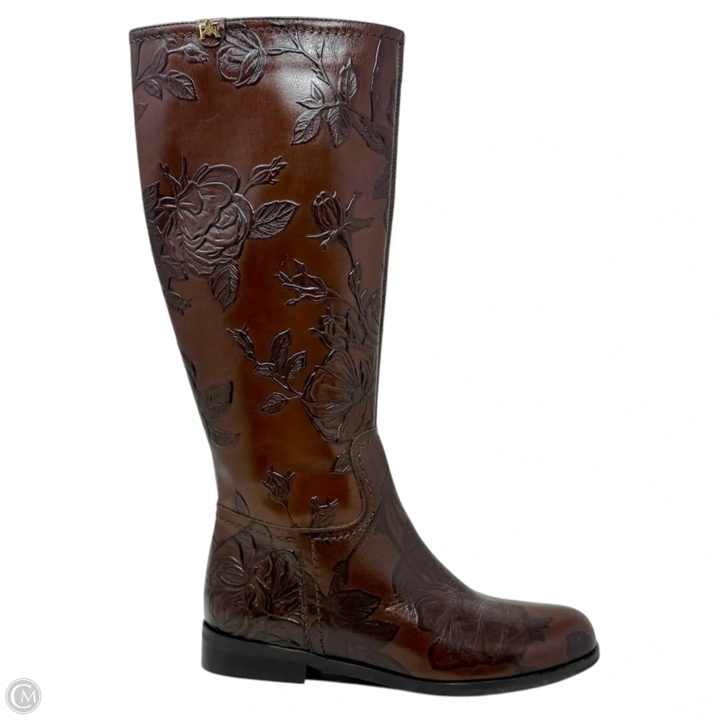 Mimi Collection Floral Embossed Italian Leather Boots By Cuoieria Fiorentina In Brown, Size: US 5.5/IT 36