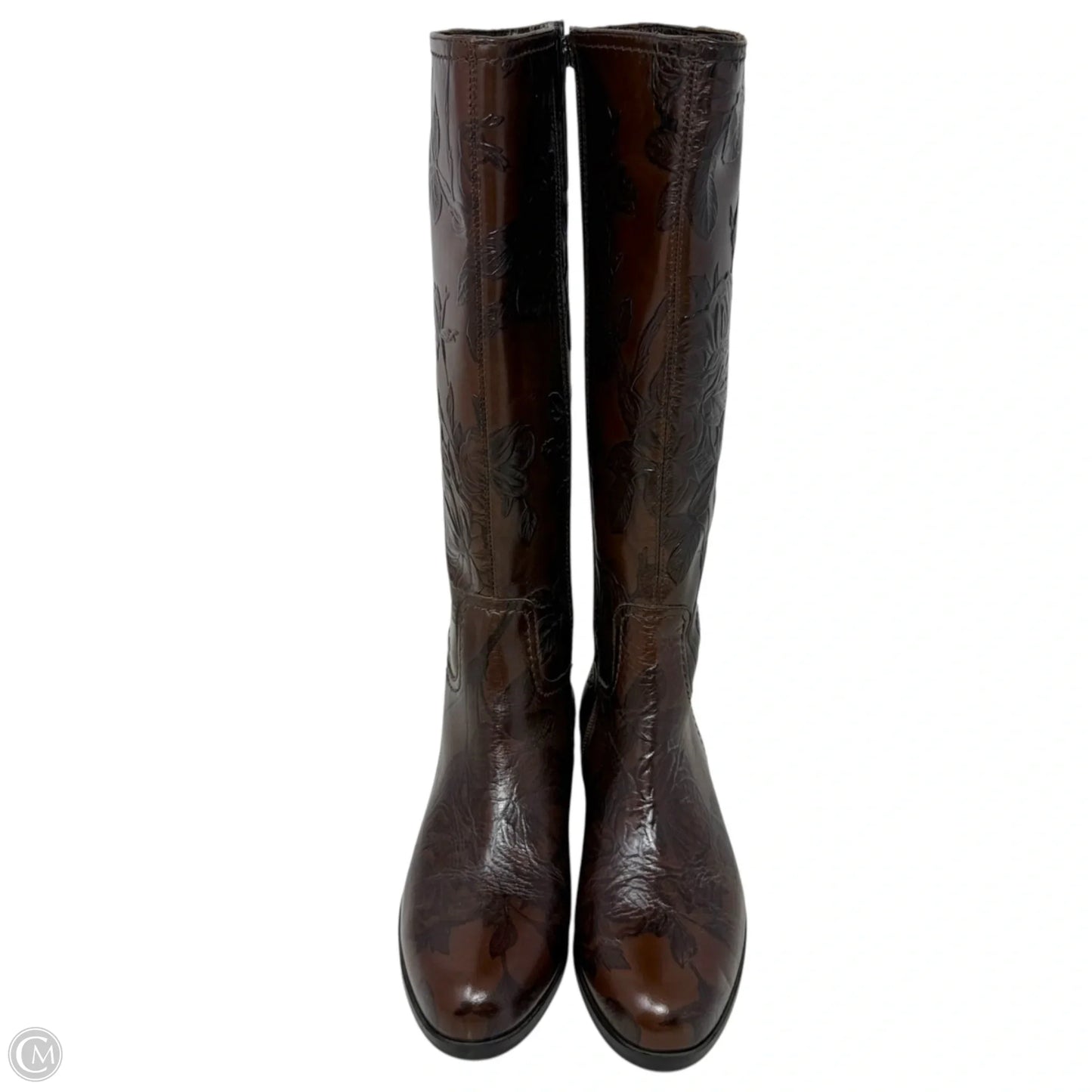 Mimi Collection Floral Embossed Italian Leather Boots By Cuoieria Fiorentina In Brown, Size: US 5.5/IT 36