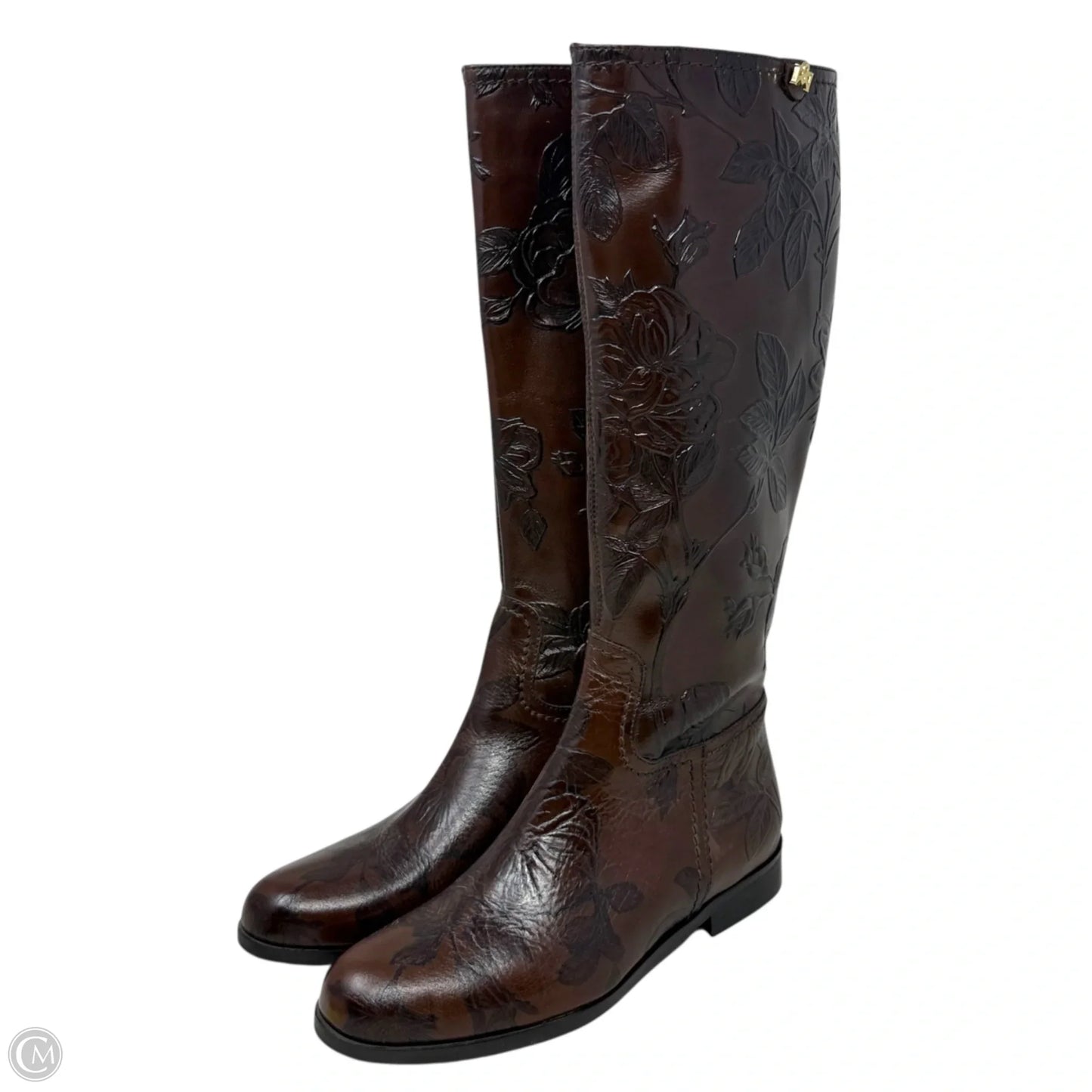 Mimi Collection Floral Embossed Italian Leather Boots By Cuoieria Fiorentina In Brown, Size: US 5.5/IT 36