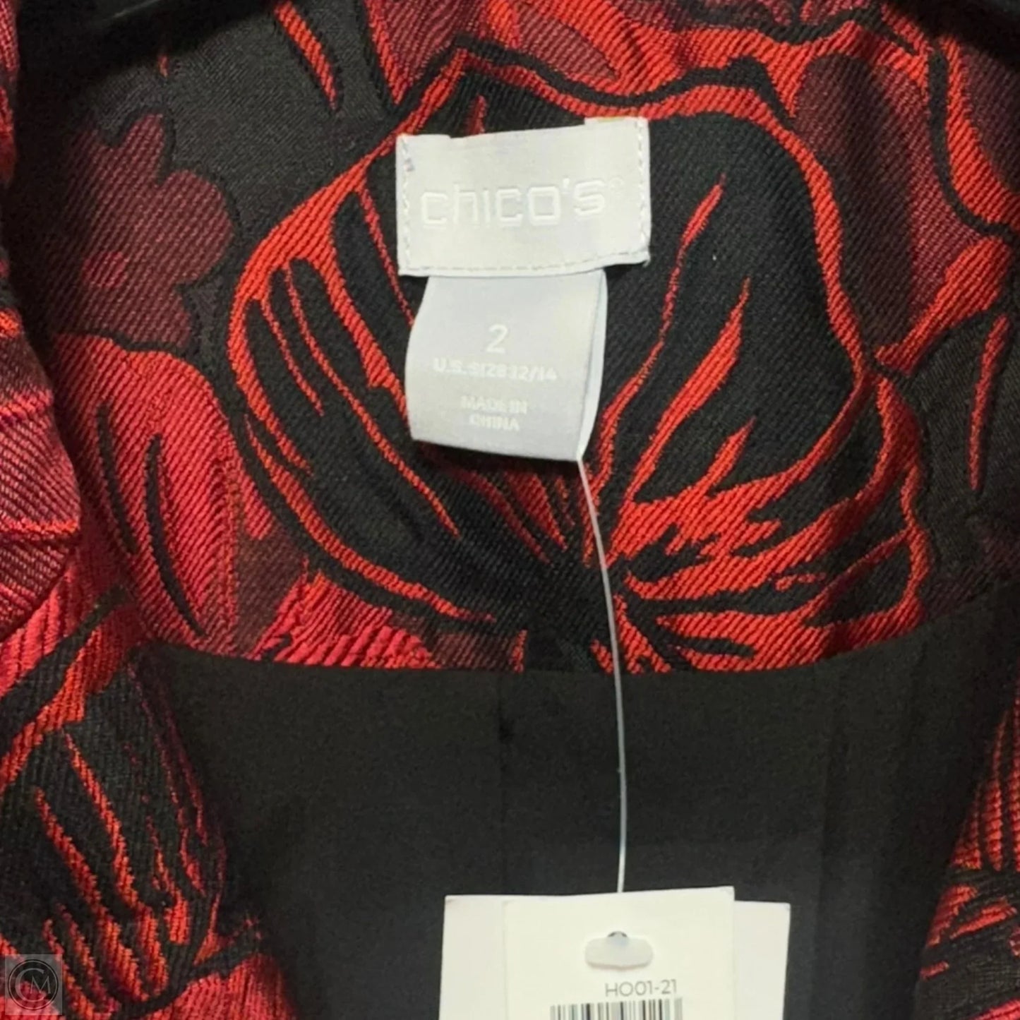 Jacquard Coat By Chicos In Black & Red, Size: 12