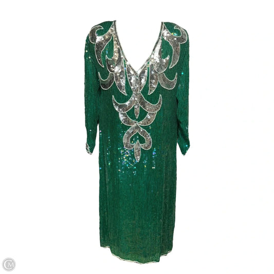 Vintage Silk Beaded & Sequined V Neck Midi Dress With Shoulder Pads By revival studio In Green, Size: M