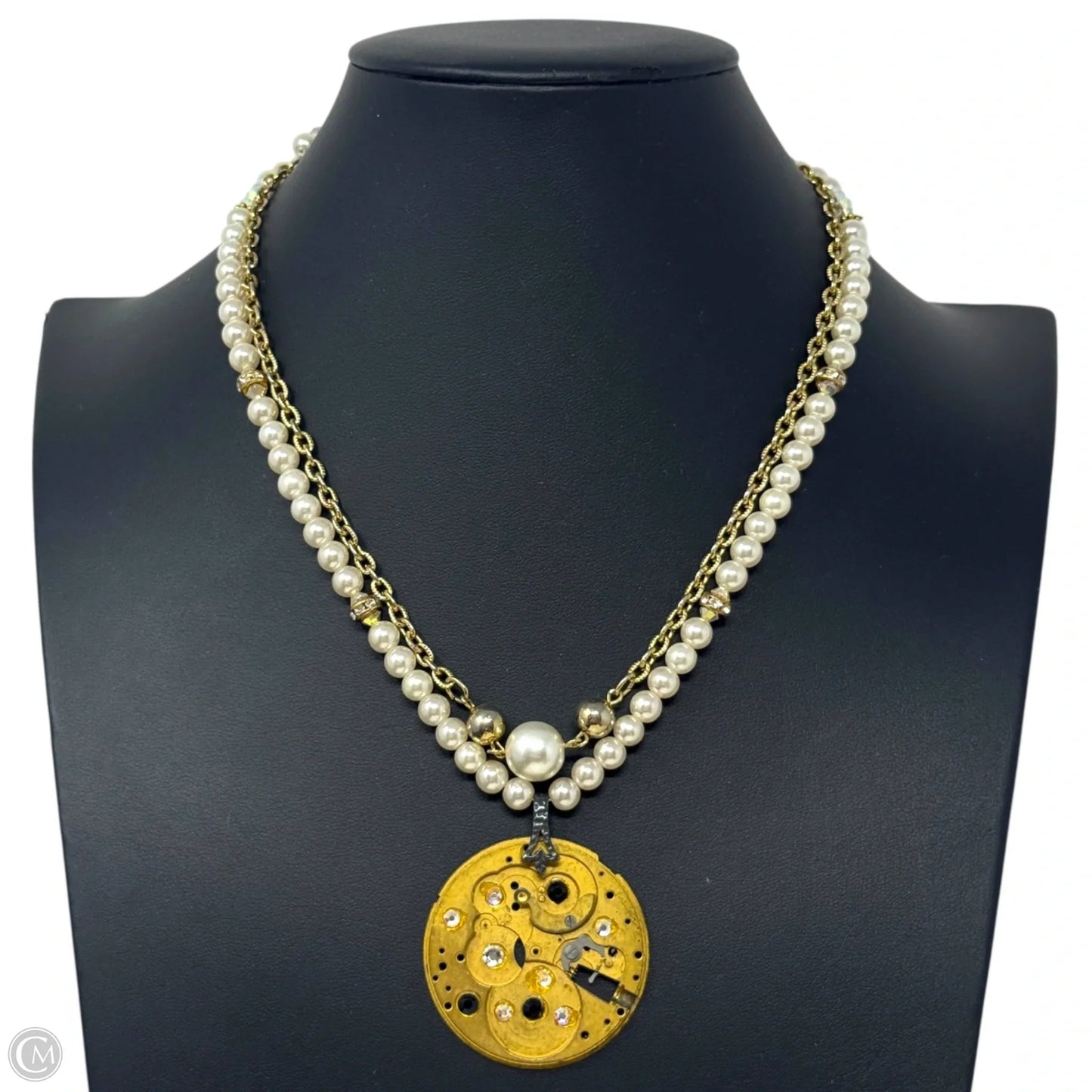 Steampunk Pearl Beaded Gear Pendant Statement Necklace With Magnetic Clasp