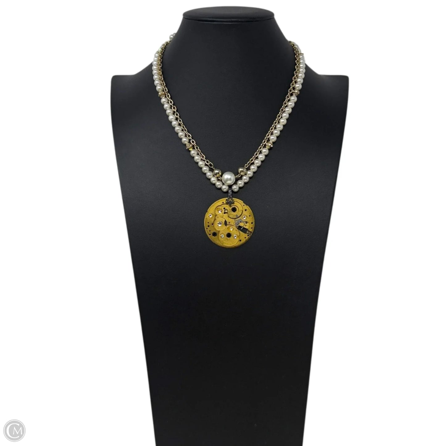 Steampunk Pearl Beaded Gear Pendant Statement Necklace With Magnetic Clasp