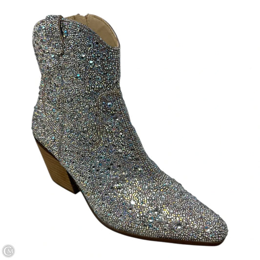 Diva Bedazzled Boots Ankle Heels By Betsey Johnson In Silver, Size: 9