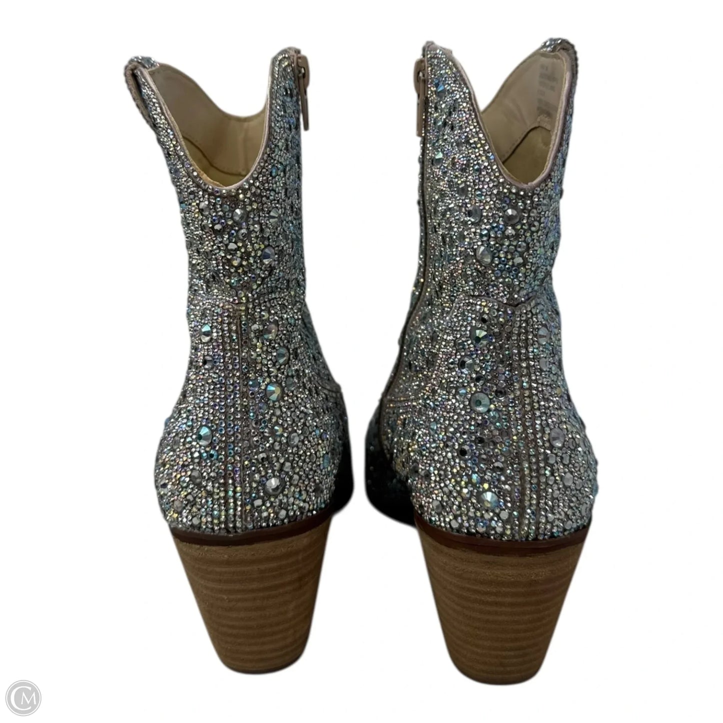 Diva Bedazzled Boots Ankle Heels By Betsey Johnson In Silver, Size: 9