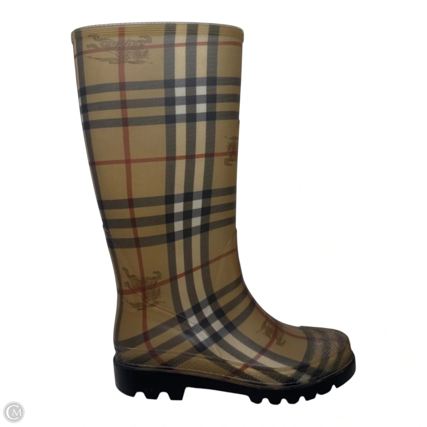 Haymarket Check Rubber Rain Boots Luxury Designer By Burberry In Plaid Pattern, Size: 6