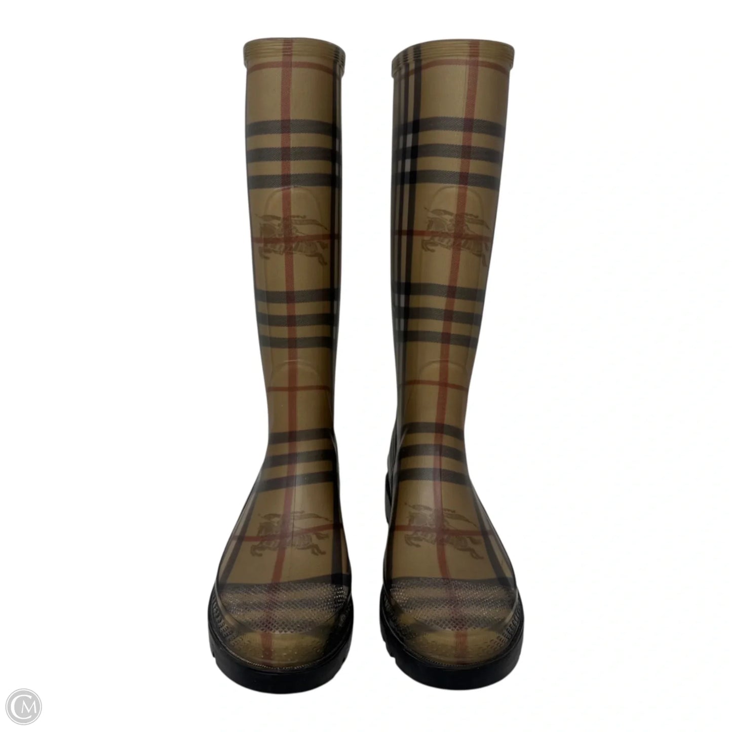 Haymarket Check Rubber Rain Boots Luxury Designer By Burberry In Plaid Pattern, Size: 6