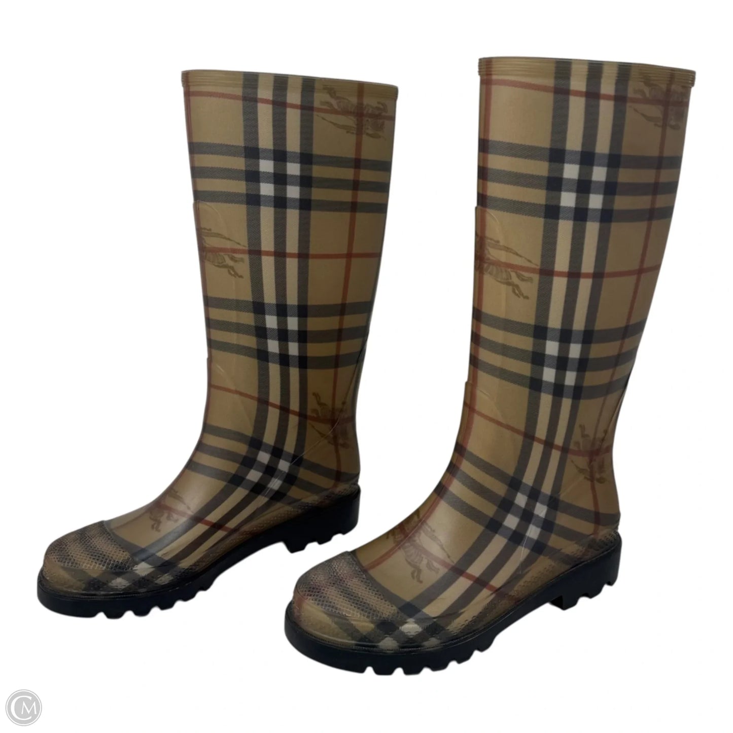 Haymarket Check Rubber Rain Boots Luxury Designer By Burberry In Plaid Pattern, Size: 6