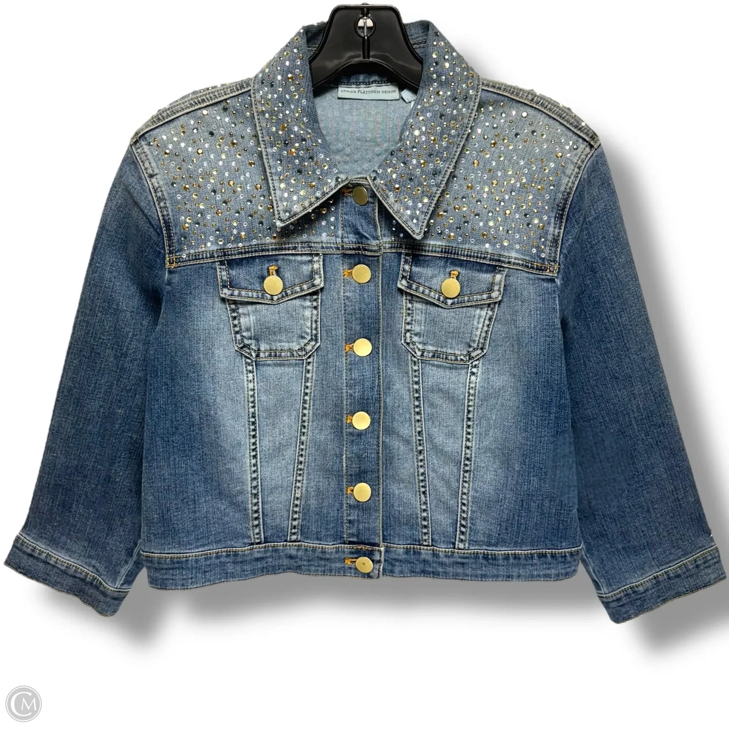Embellished Cropped Denim Jacket By Chicos Platinum Denim In Blue Denim, Size: M