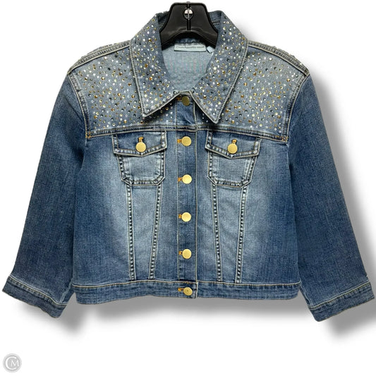 Embellished Cropped Denim Jacket By Chicos Platinum Denim In Blue Denim, Size: M