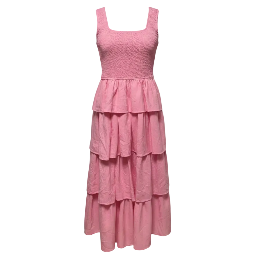Smocked Ruffle Tier Dress Casual Midi By Entro In Pink, Size: S