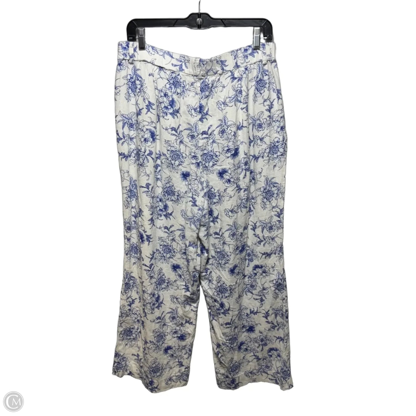 Floral Toile Linen Blend Wide Leg Pants Designer By Jason Wu In Blue & White, Size: 10