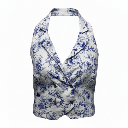Linen Blend Sleeveless Halter Vest Top Designer By Jason Wu In Blue & White, Size: 10