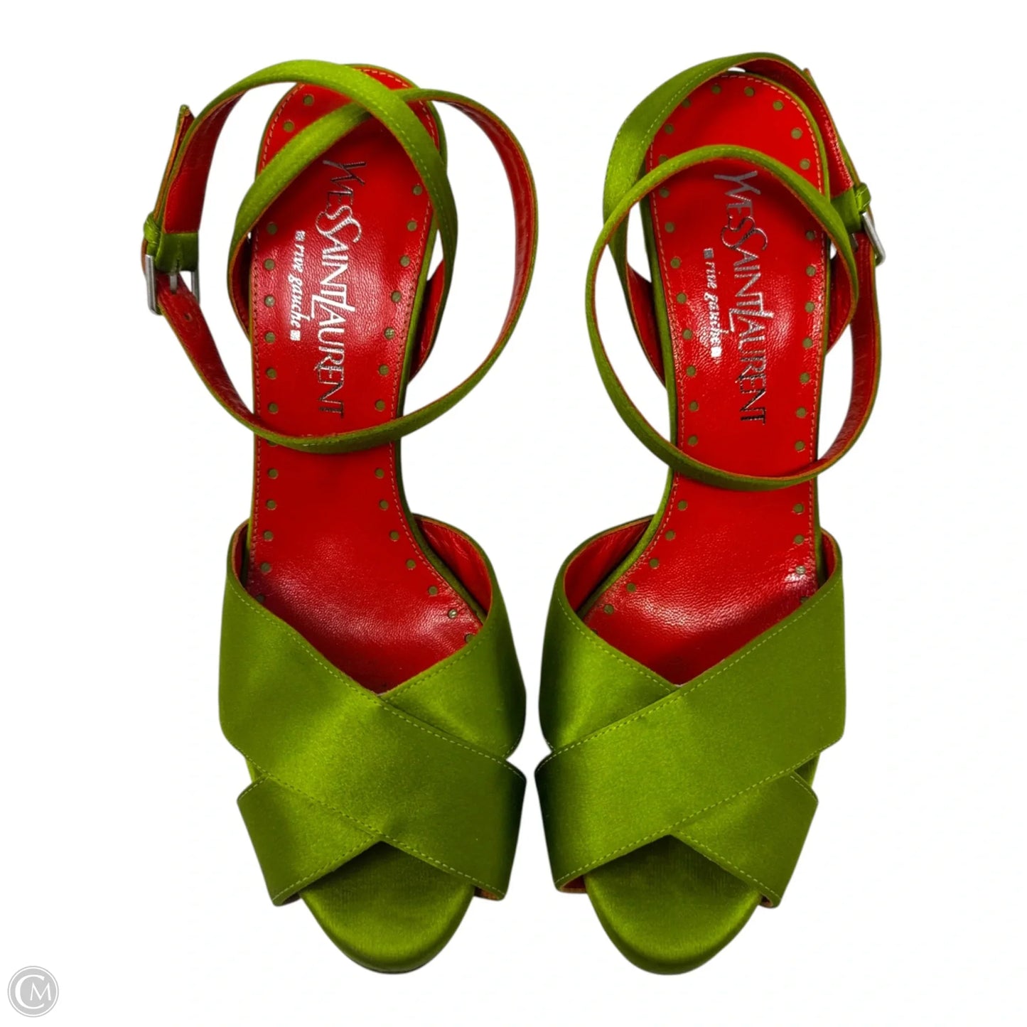AS IS Rive Gauche Satin Heels Shoes Luxury Designer By Yves Saint Laurent In Green & Red, Size: 9 (39)