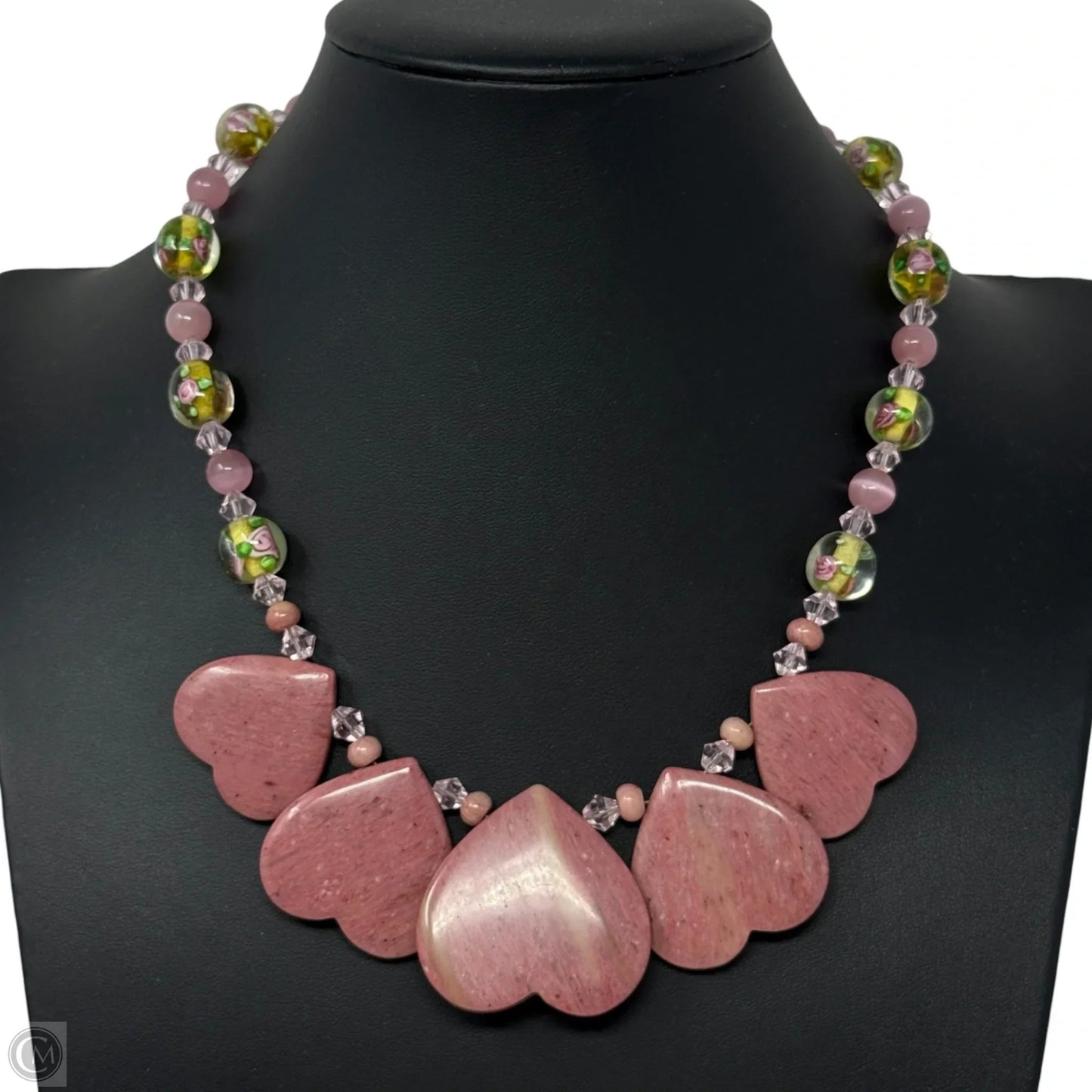 Pink Hearts of Stone & Floral Beaded Necklace Choker & Collar By Cmc