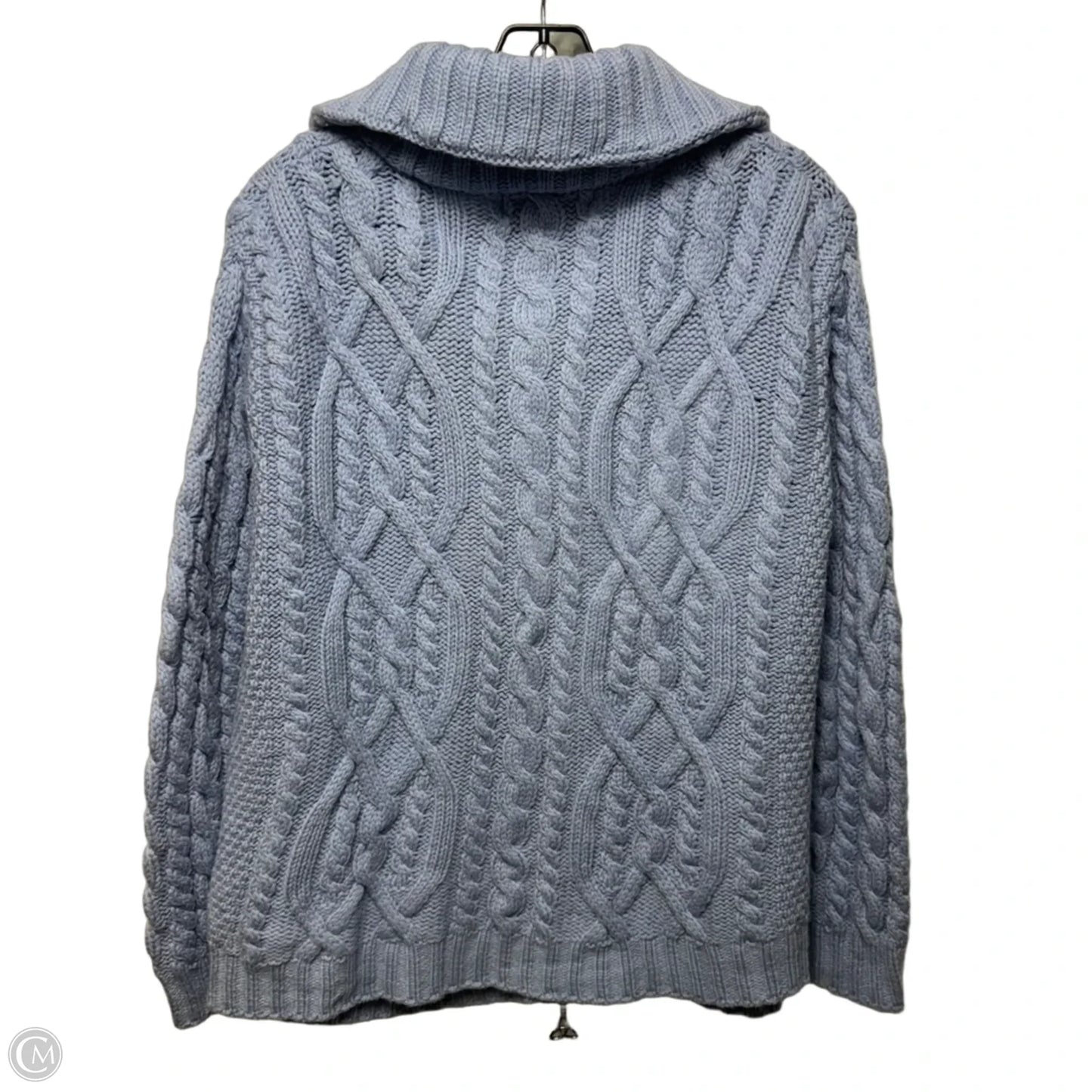 Cable Knit Merino Wool Zip Sweater Cardigan By Arancrafts In Blue, Size: M