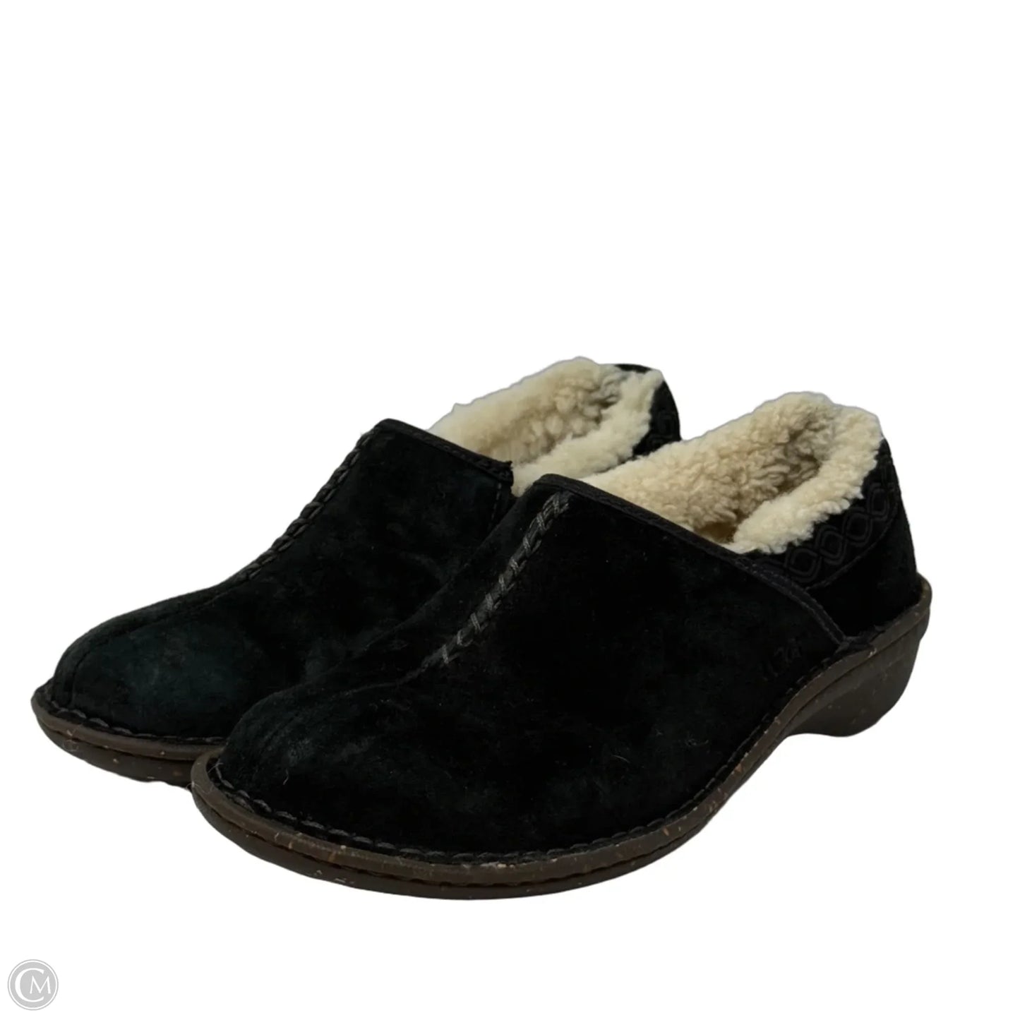 Bettey Black Suede Shearling Clog Slippers Designer By Ugg In Black & Cream, Size: 8