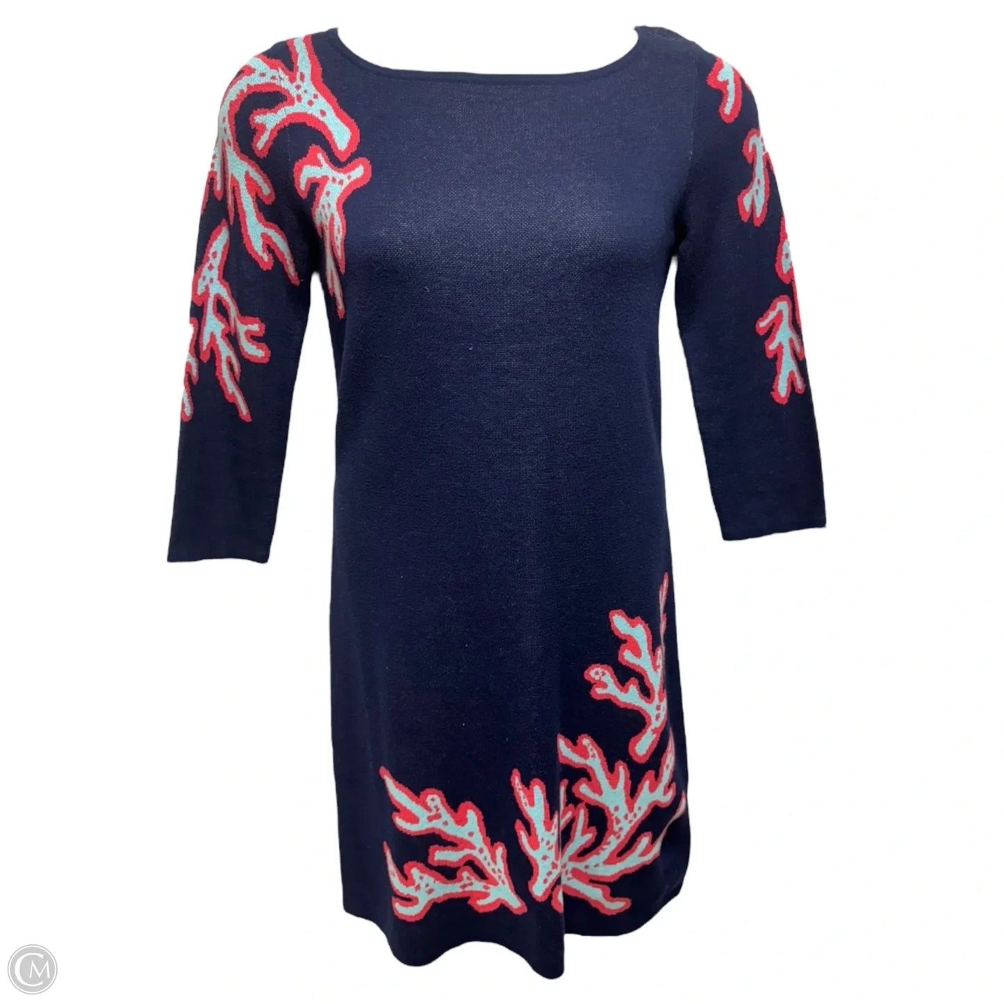 Polly Sweater Shift Dress Designer By Lilly Pulitzer In True Navy Large Coral Jacquard, Size: M